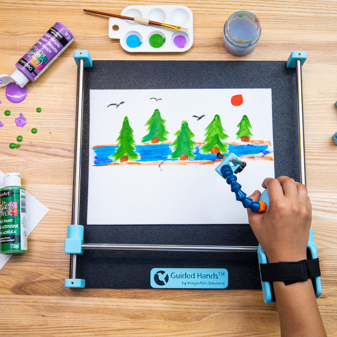 Guided Hands being used to paint a forest scene with a river flowing through and birds flying through the air